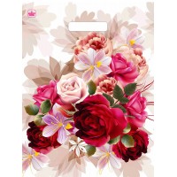 Пакет ПВД с вырубной ручкой 440*400*0,100 Пионы на бежевом Цена за 50шт!!!